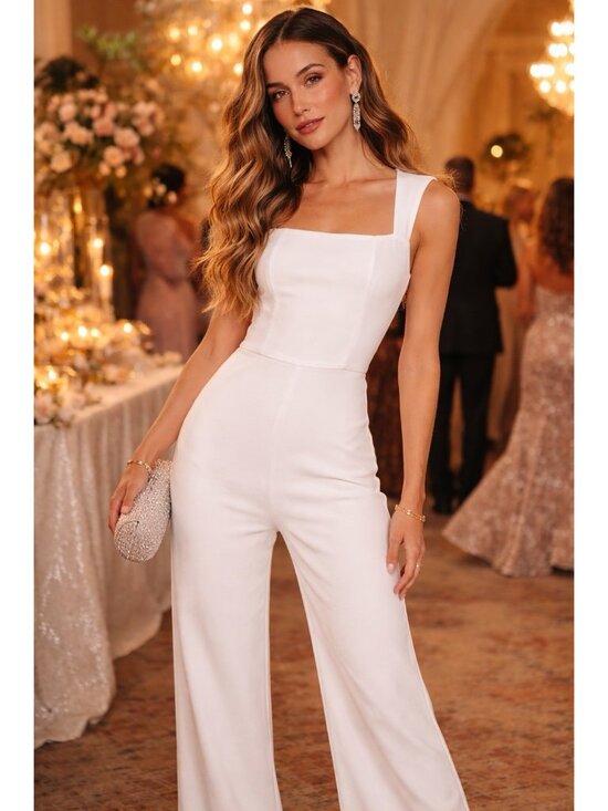 Lulus Pants - Lulus Enticing Endeavors Jumpsuit Sz Medium White Square Neck Wide Leg Bridal